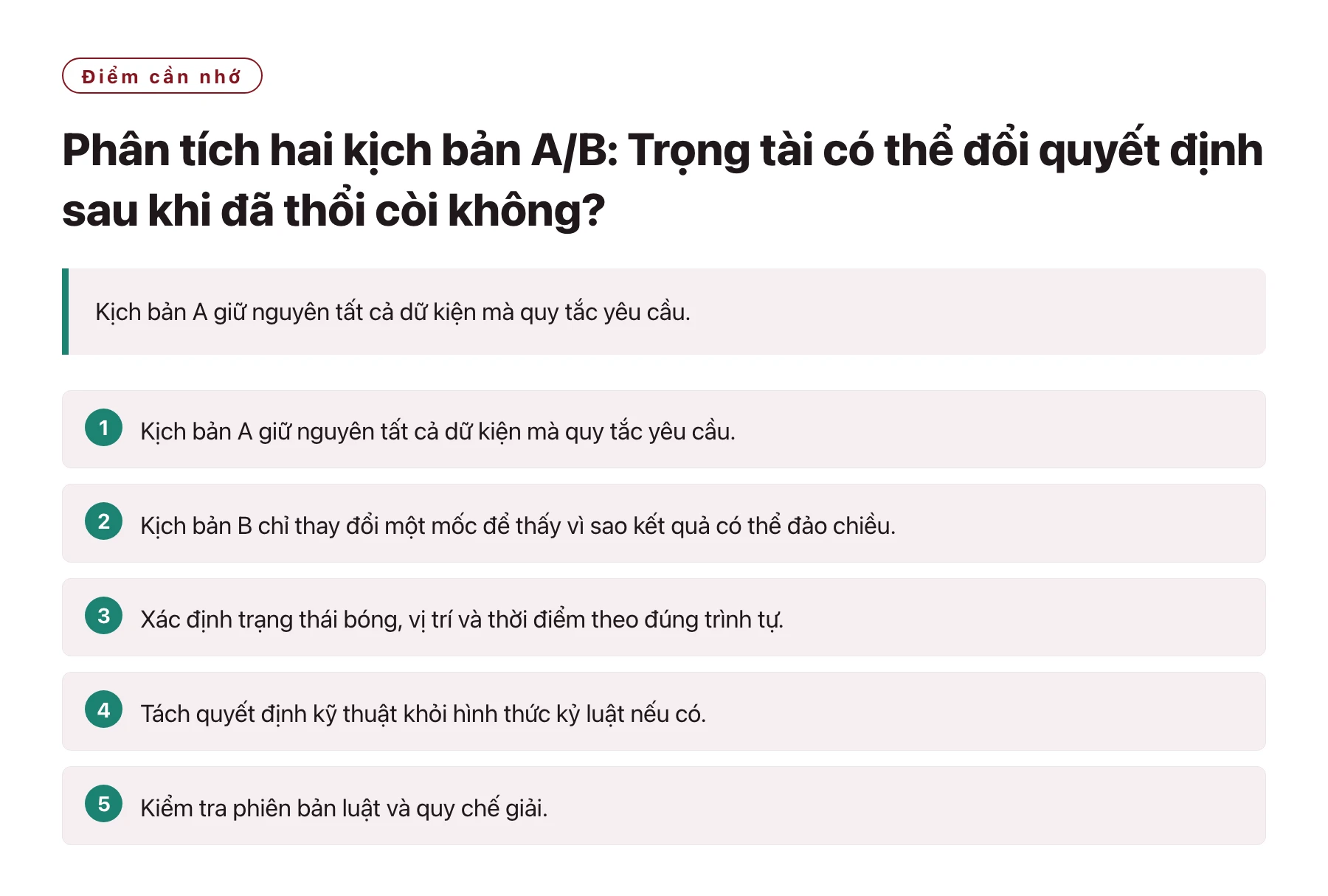 Phân tích hai kịch bản A/B: Trọng tài có thể đổi quyết định sau khi đã thổi còi không?——全文要点速览